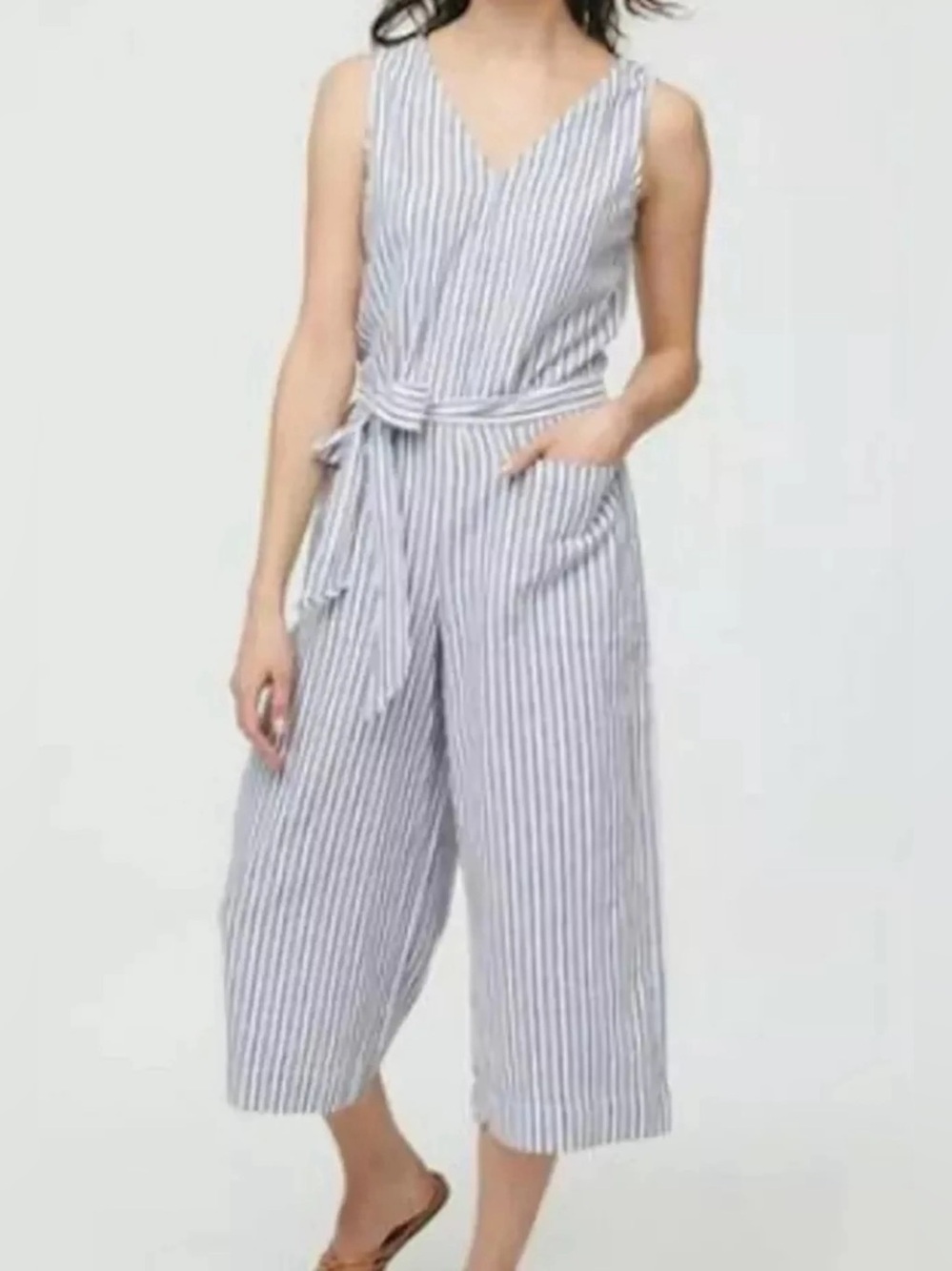 Beachlunchlounge Striped Sleeveless Linen Blend Wide Leg Crop Jumpsumpsuit Small